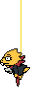 Alphys dressed as a vampire, dangling from the cieling by a rope. Boo!
