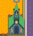 The church, which has the winged circle of the Delta Rune on top of its steeple