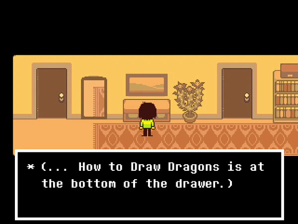 Deltarune screenshot, interacting with the bottom drawer in Toriel's house, where Asriel's way overdue copy of "How to Draw Dragons" is tucked away