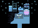 The Delta Rune on the rug in Kris's room in Ralsei's castle, depicting the Delta Rune with colored triangles