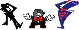 Small Mike pointing at the two "fake Mikes"