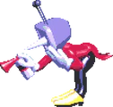 Tenna holding a fire extinguisher and leaning downward